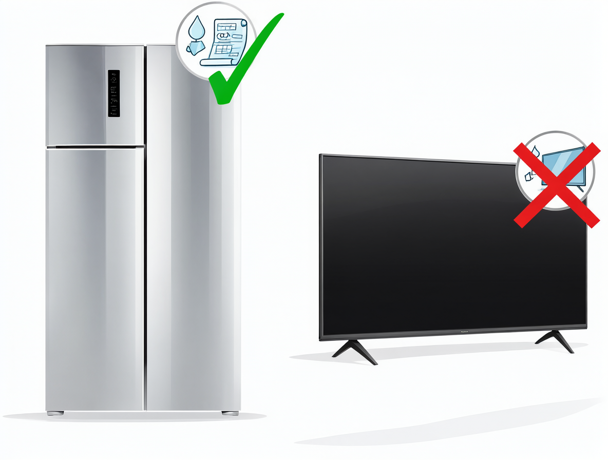 Gráfico comparativo mostrando un refrigerador con reparaciones costosas versus una televisión con fallas menores, indicando cuándo vale la pena pagar por una garantía adicional.