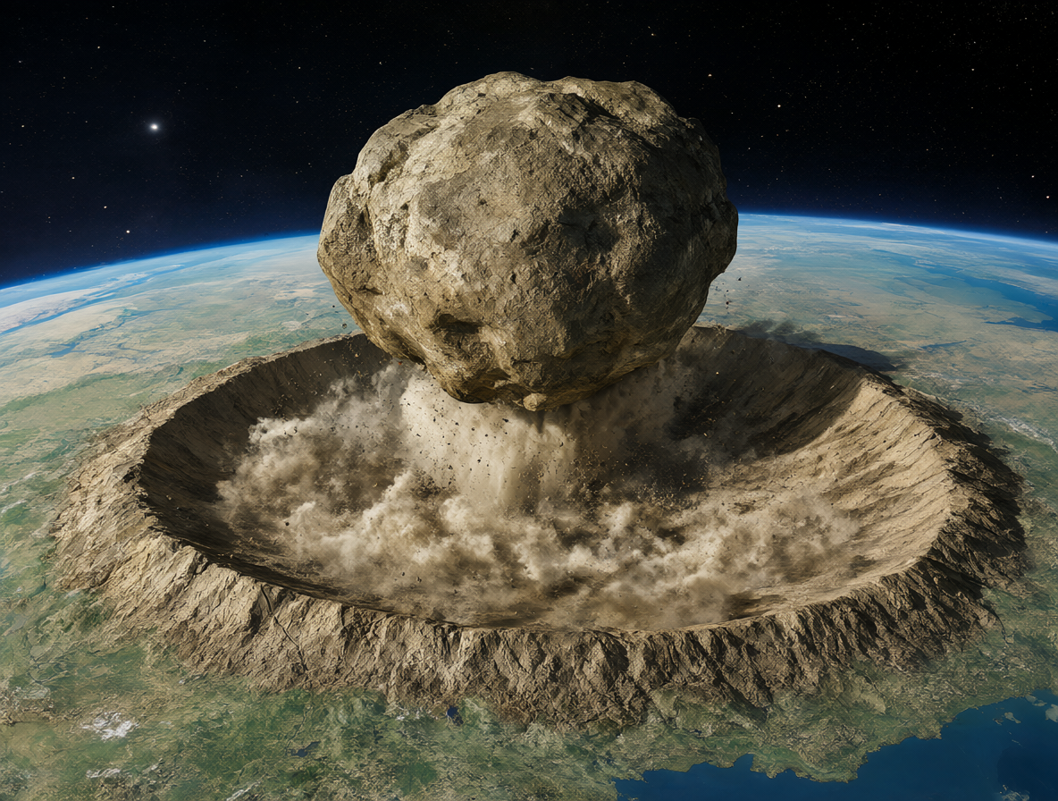 Vista del asteroide golpeando la tierra y formando el cráter de Chicxulub