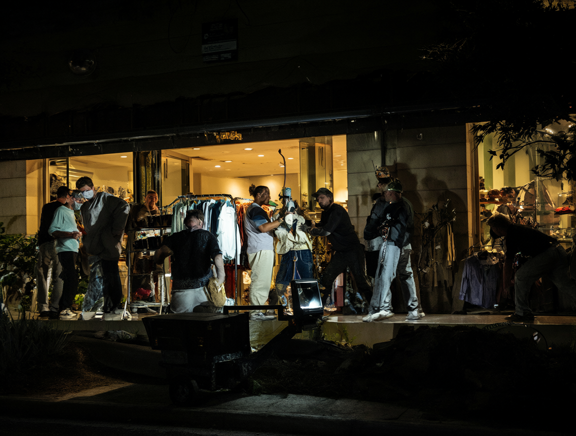 Exterior de una tienda de ropa en Chile siendo robada por un grupo armado bajo la luz de la noche.