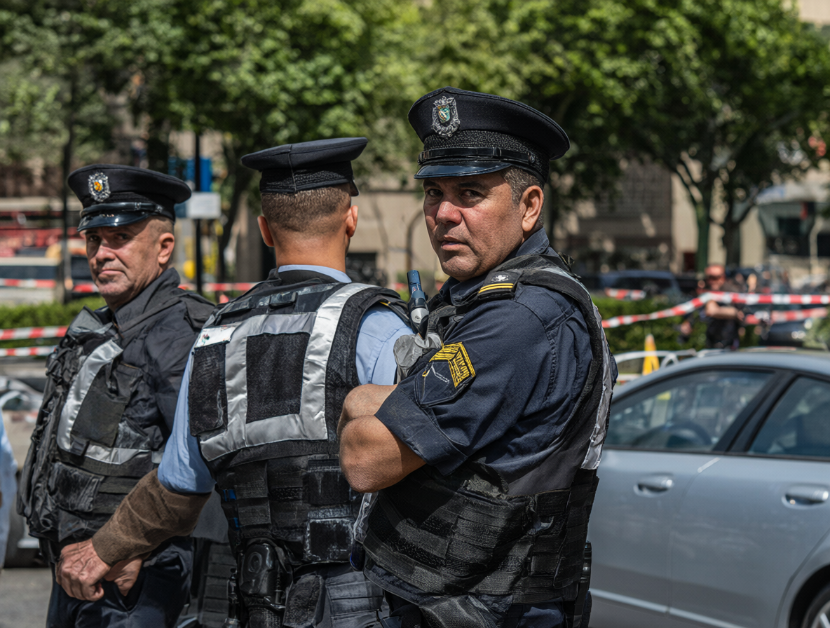 Guardias municipales en la calle mirando hacia atrás después de un enfrentamiento con delincuentes.