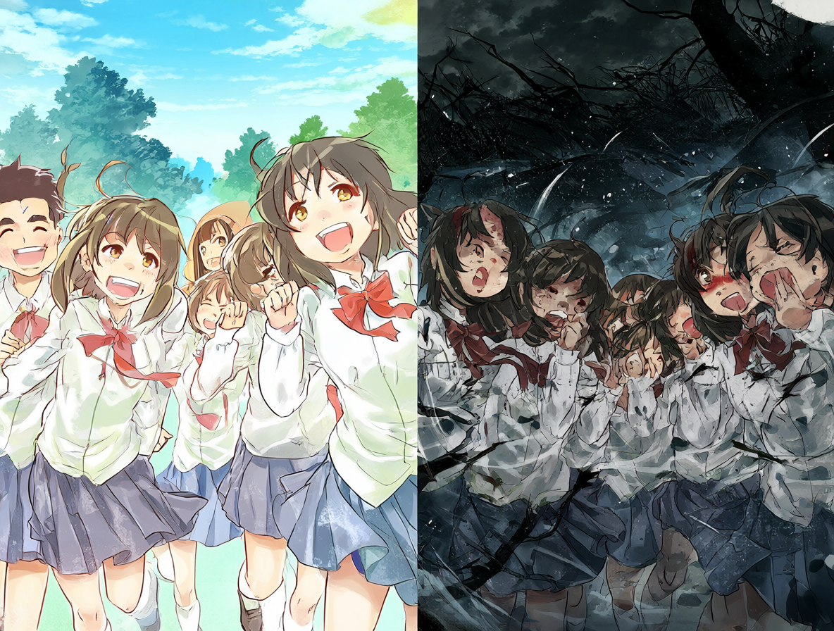 Ilustración que contrasta la normalidad de la vida escolar con una muerte inesperada, representando la subversión de géneros en anime y manga.