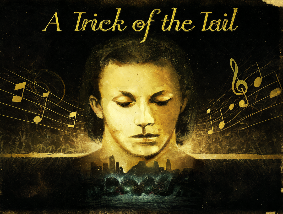 Portada del álbum A Trick of the Tail con elementos musicales flotantes.