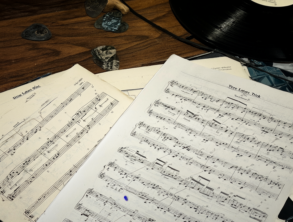 Vintage sheet music for Dire Straits songs displayed on a wooden desk, surrounded by worn guitar picks and vinyl records.