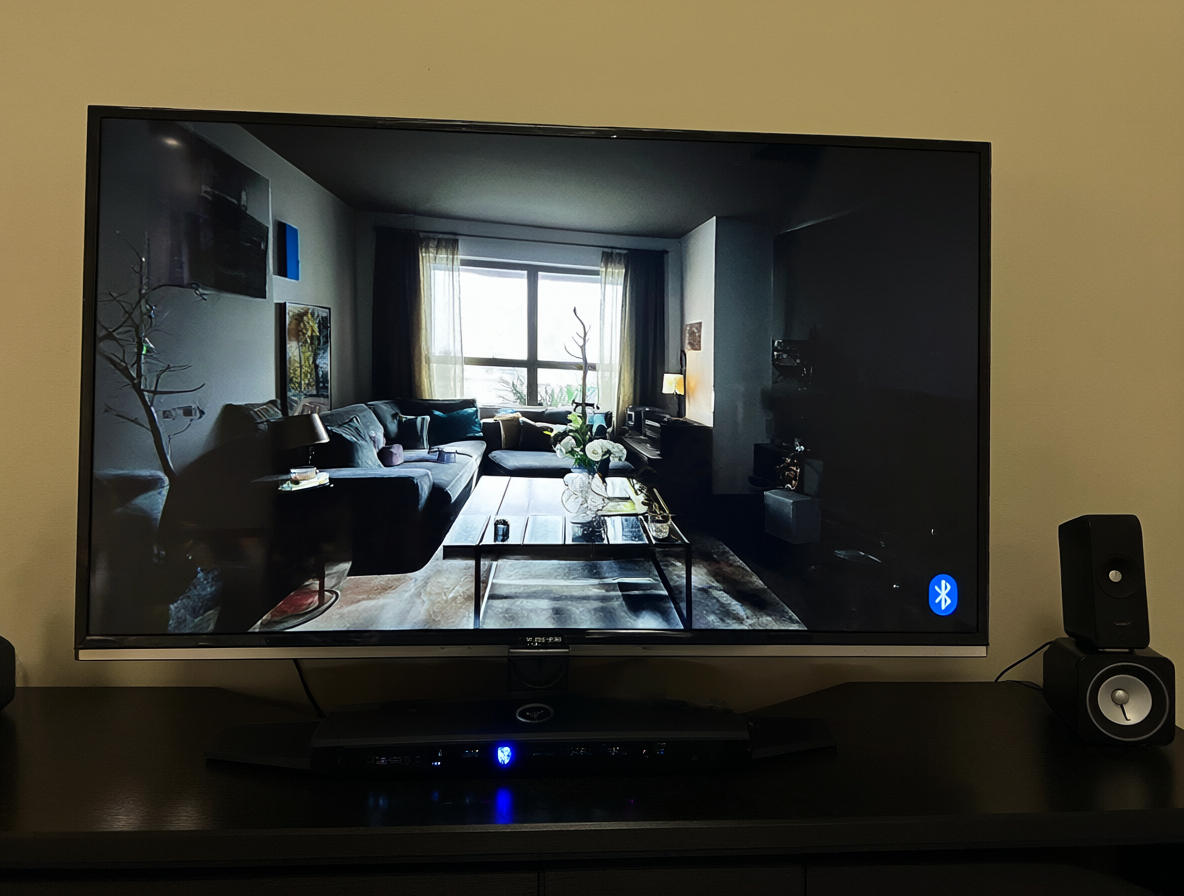 Vista de un televisor Android y una barra de sonido Logitech Z607 conectados por Bluetooth en una sala de estar.