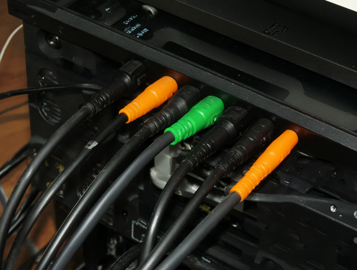 Vista cercana de los cables de audio verde, negro y naranja conectados a la barra de sonido Logitech Z607.