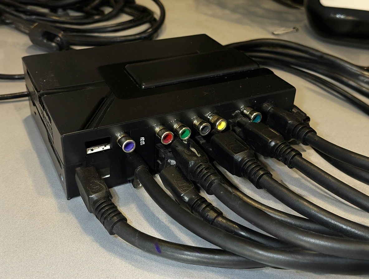 Dispositivo electrónico pequeño, un decodificador HDMI con múltiples puertos RCA conectados a cables de audio.