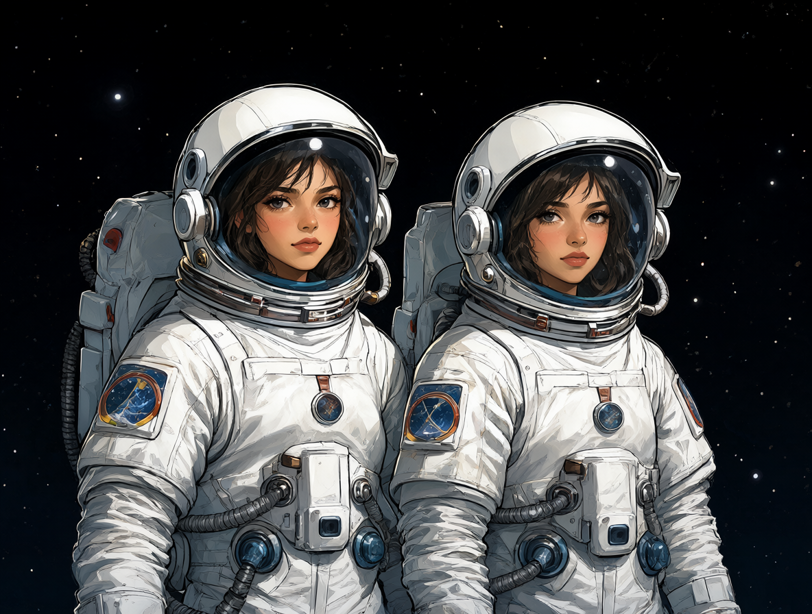Dos chicas astronautas jóvenes de perfil similar, una al lado de la otra en un fondo espacial oscuro con estrellas brillantes.