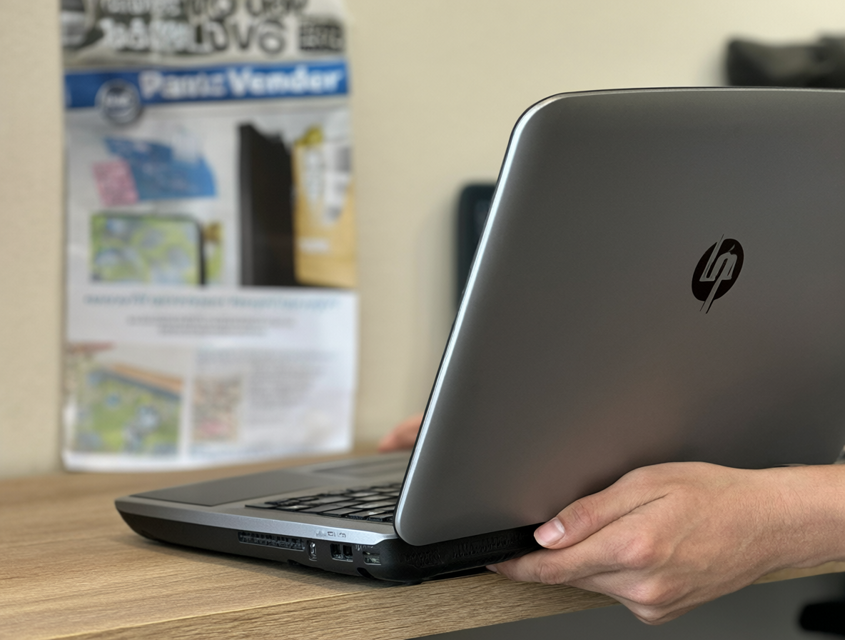 Persona sosteniendo un portátil HP gris sobre una mesa de madera, con un cartel de venta al fondo