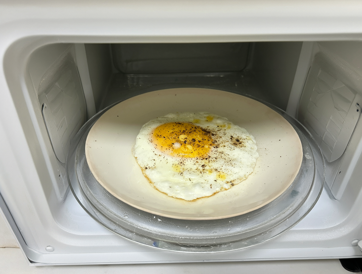 Huevo frito dorado sobre una placa dentro de un horno microondas blanco.