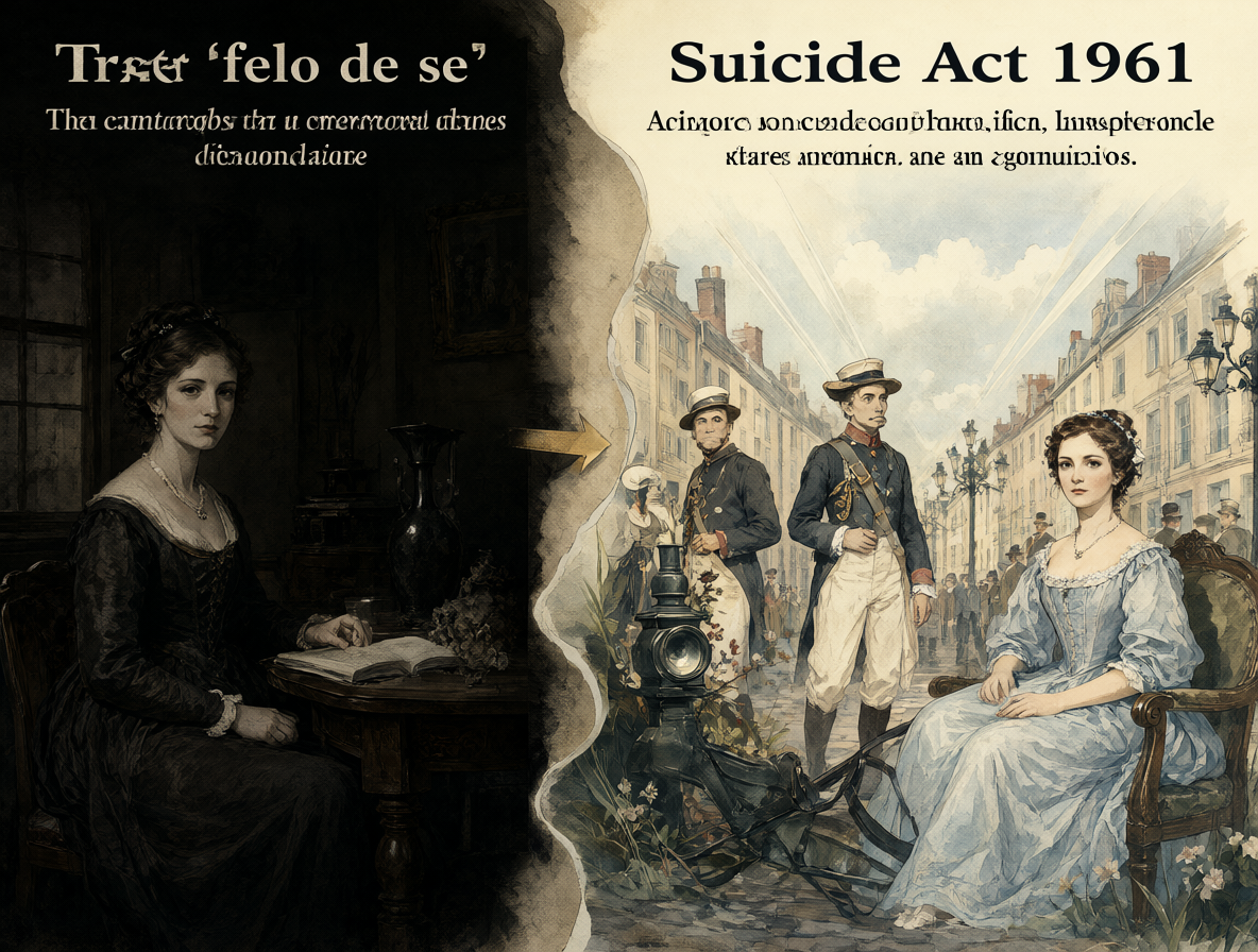 Infografía comparativa mostrando el castigo histórico por intento de suicidio y la legislación moderna