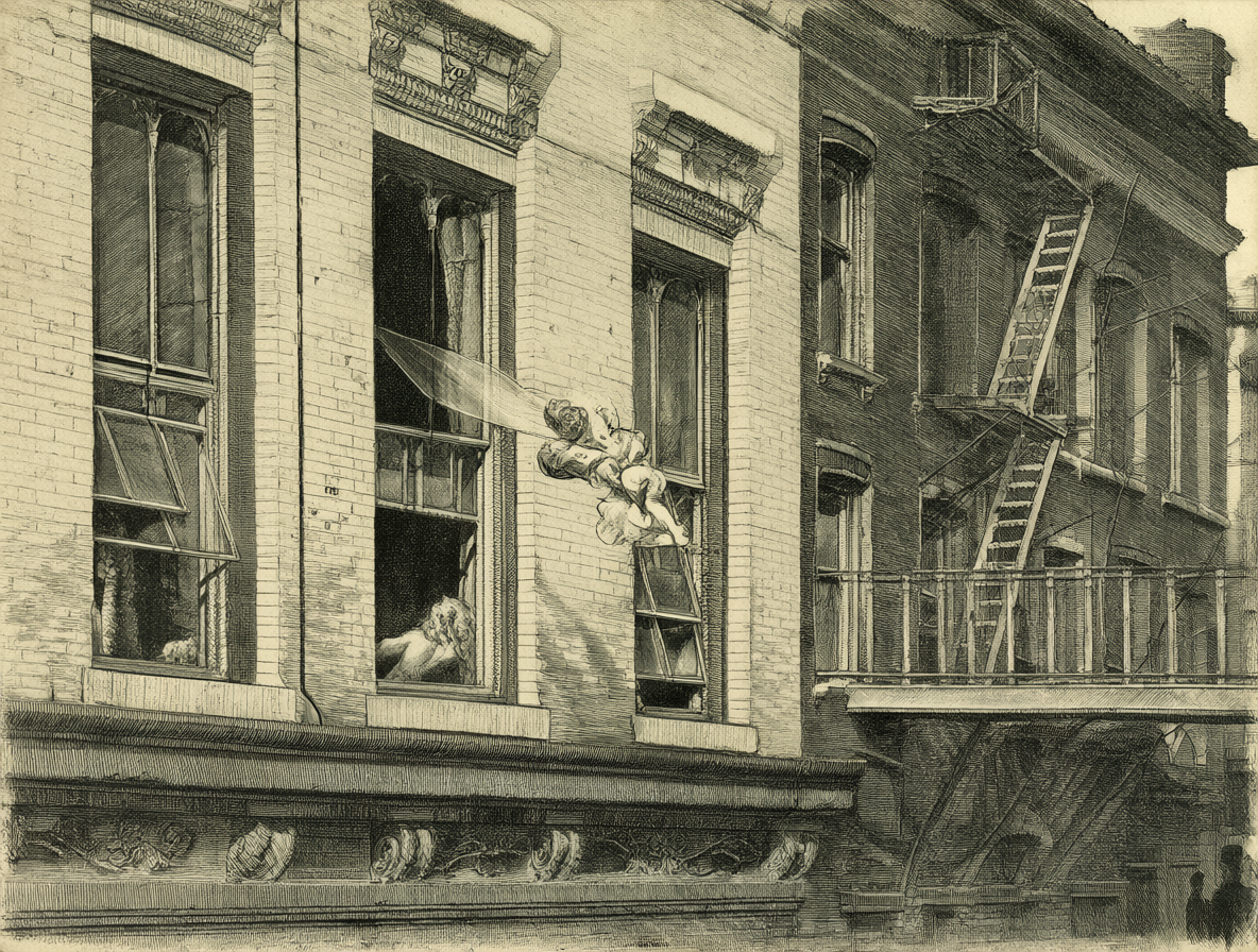 Ilustración de Joseph Figlock con un bebé cayendo sobre él en una calle de Detroit.