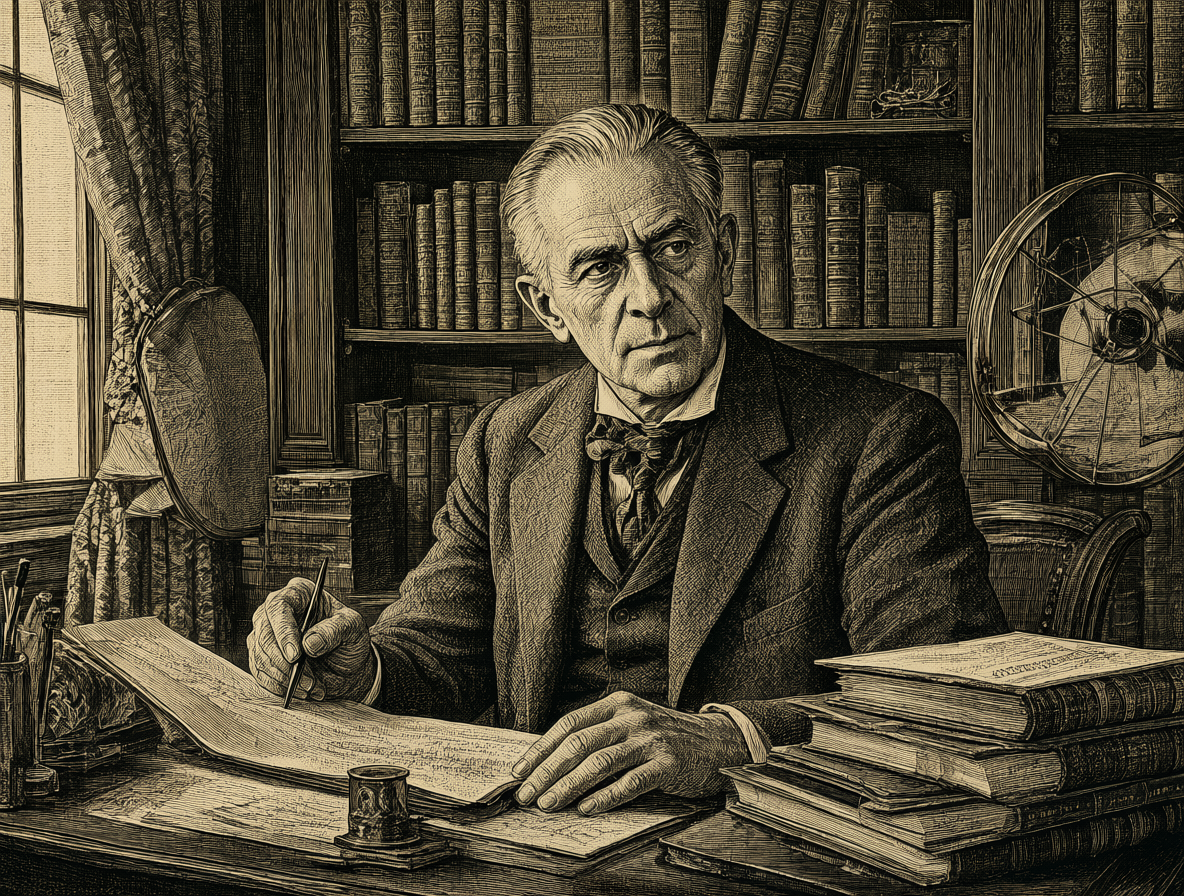 Ilustración de Carl Gustav Jung trabajando en su despacho lleno de libros.