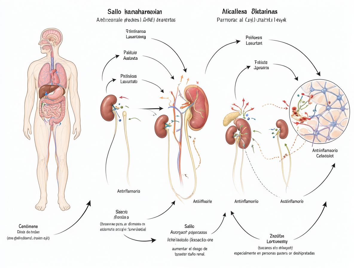 Diagrama médico detallado mostrando la interacción entre el medicamento Losartán y el antiinflamatorio Celecoxib, con el sistema renal humano.