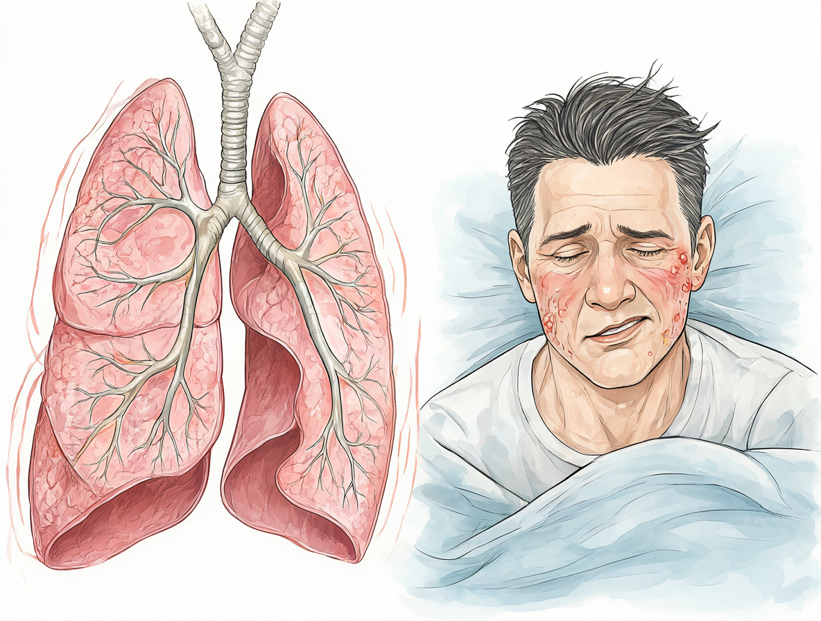 Ilustración médica de una tromboembolia pulmonar y un paciente despertando de coma.