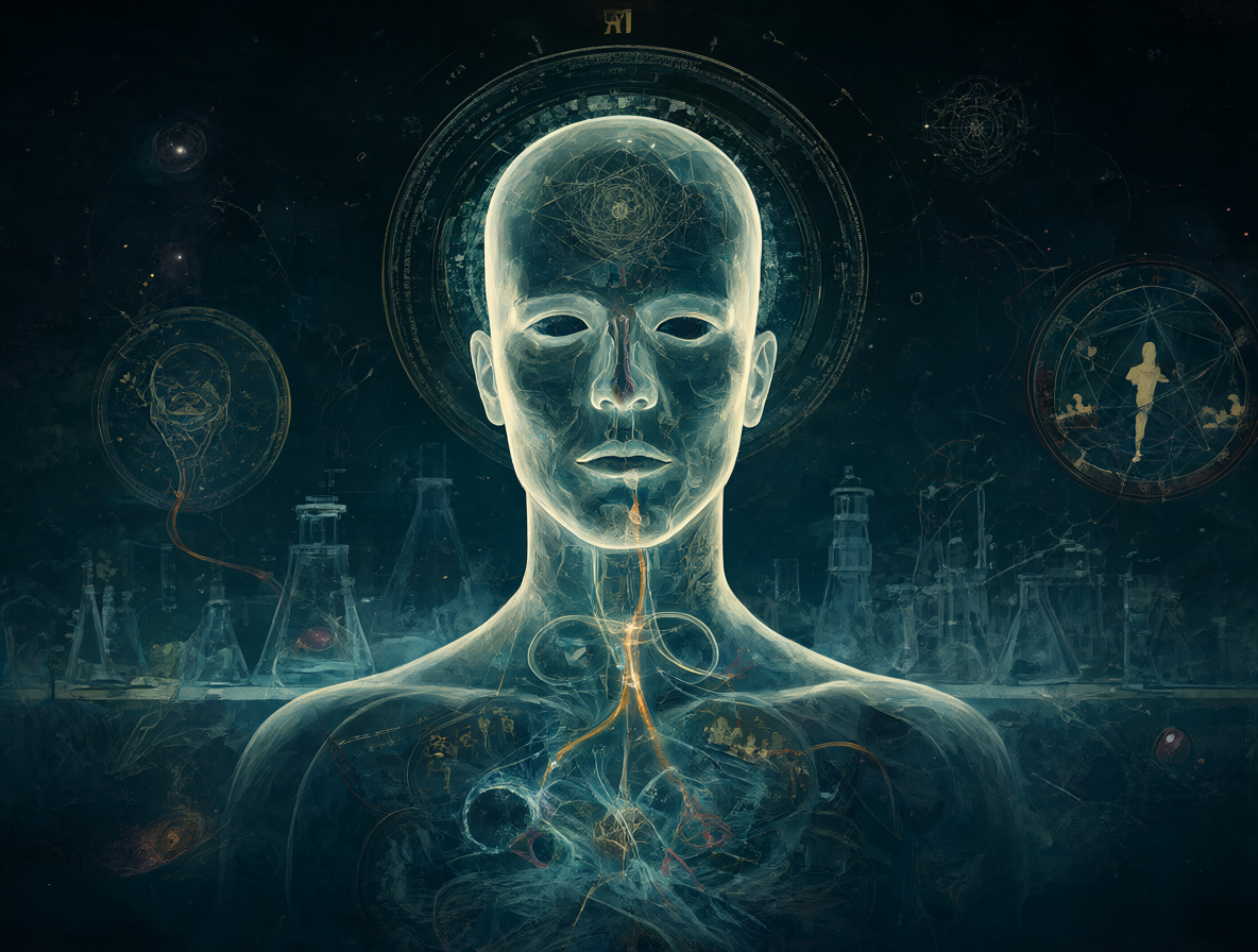 Gráfico conceptual contrastando la conciencia humana con creencias esotéricas y mediumnidad.