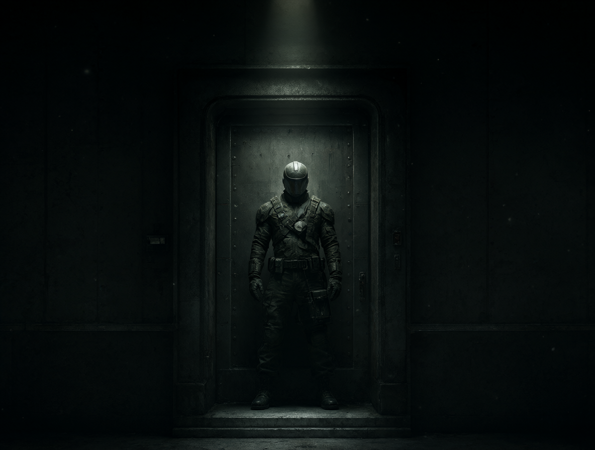 Una figura militar solitaria frente a una puerta cerrada en el espacio.