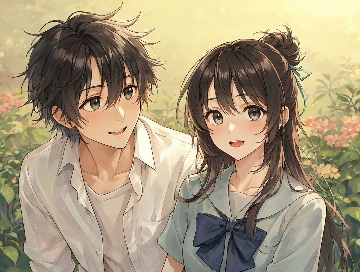 Ilustración anime de Tenten y Hideyuki en un jardín