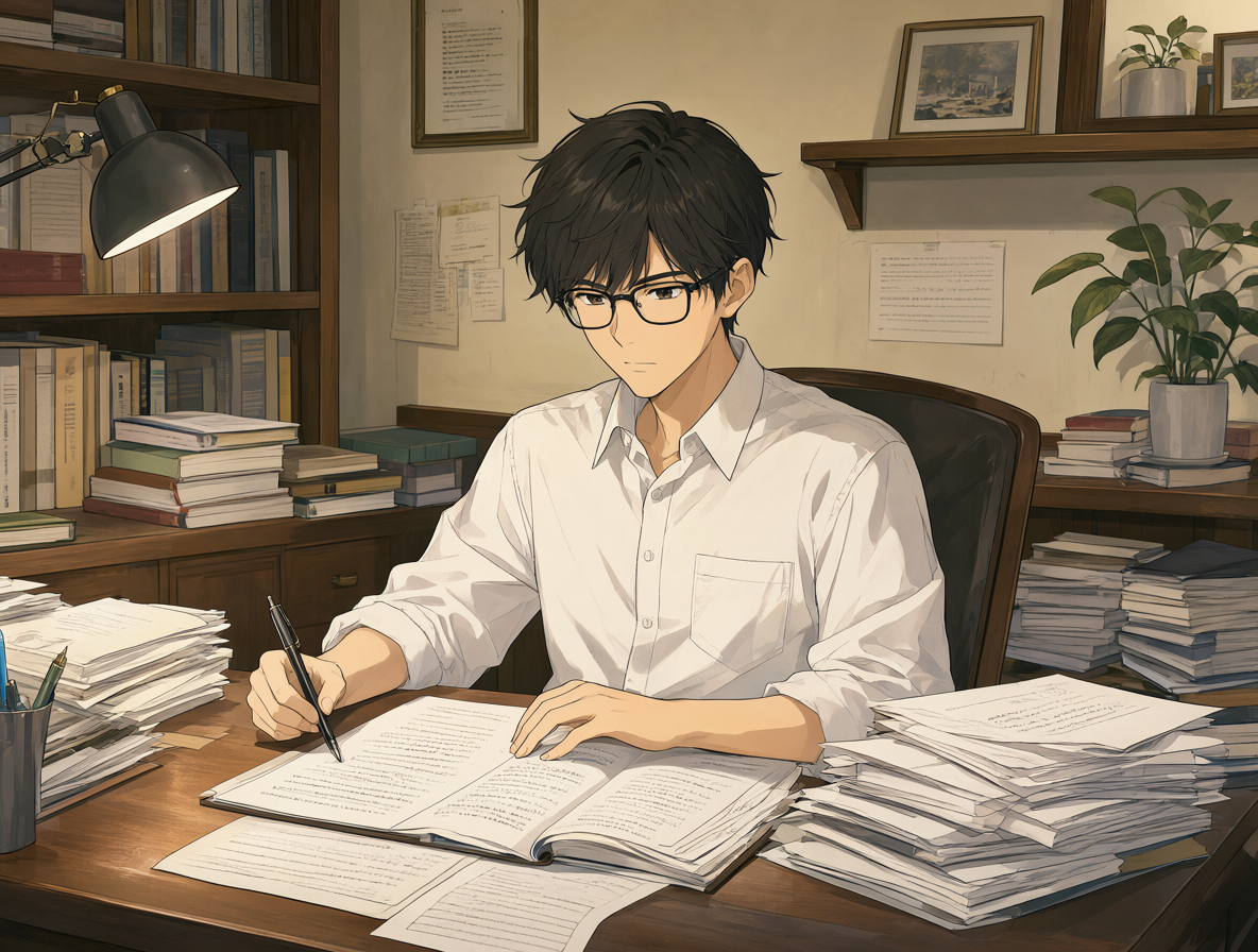 Hideyuki trabajando en su escritorio