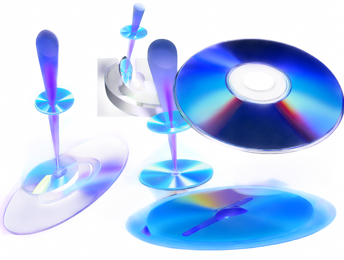 Representación visual de discos HD DVD, SACD y Blu-ray junto con láseres azul-violeta