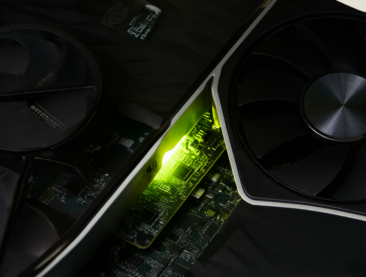 Vista cercana de una tarjeta gráfica NVIDIA GeForce RTX 3090 con su memoria de video resaltada.