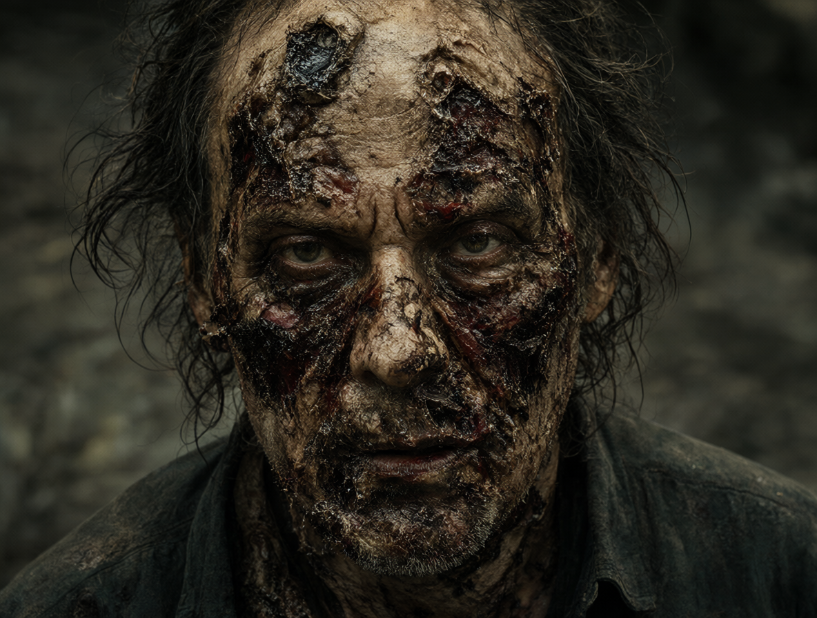 A detailed view of the aftermath on Gustavo Fring's face.
