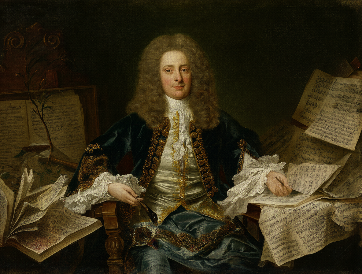 Retrato histórico de George Frideric Handel rodeado de manuscritos musicales bilingües en un estudio barroco.