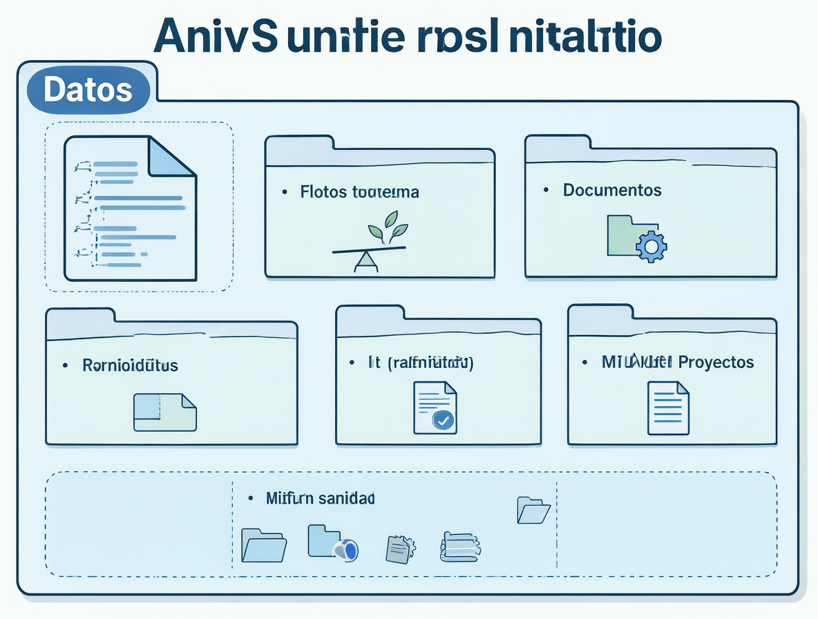 Diagrama de una estructura de archivos con una carpeta raíz principal y varias subcarpetas organizadas.