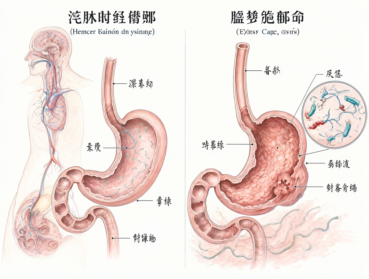 Diagrama médico comparativo mostrando un estómago humano saludable y otro con cáncer gástrico, incluyendo la bacteria Helicobacter pylori como factor de riesgo clave.
