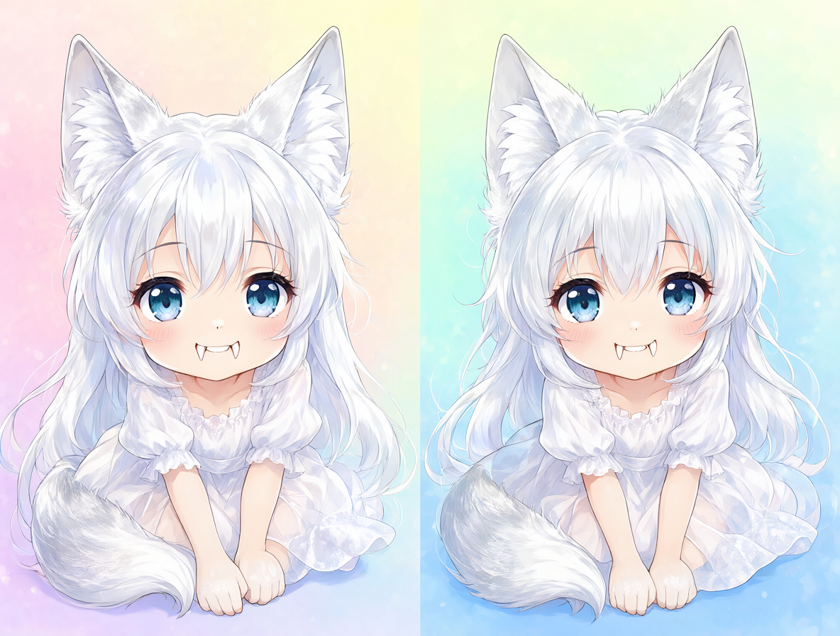 Arte digital mostrando una comparación lado a lado de dos chicas lobo con cabello plateado, orejas de lobo grandes y expresiones inocentes.