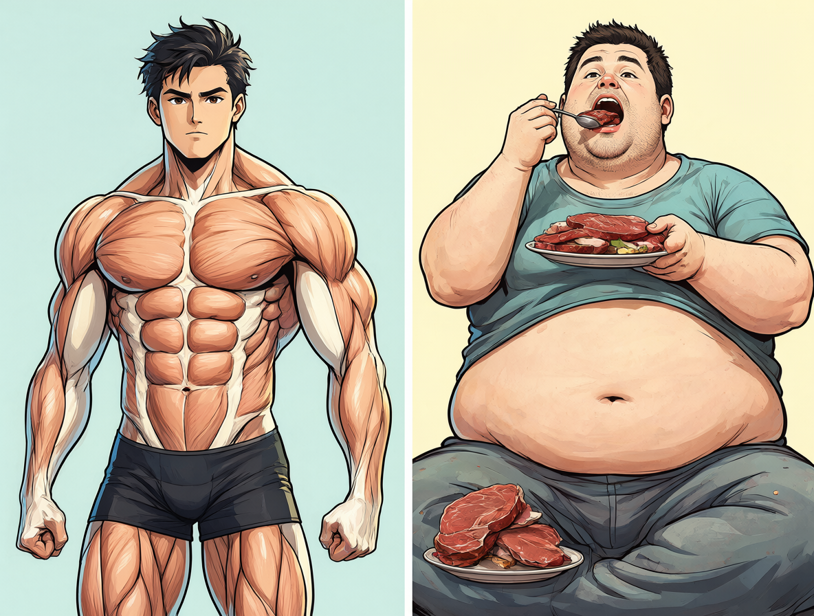 Imagen dividida mostrando los resultados opuestos de una dieta proteica equilibrada versus desequilibrada