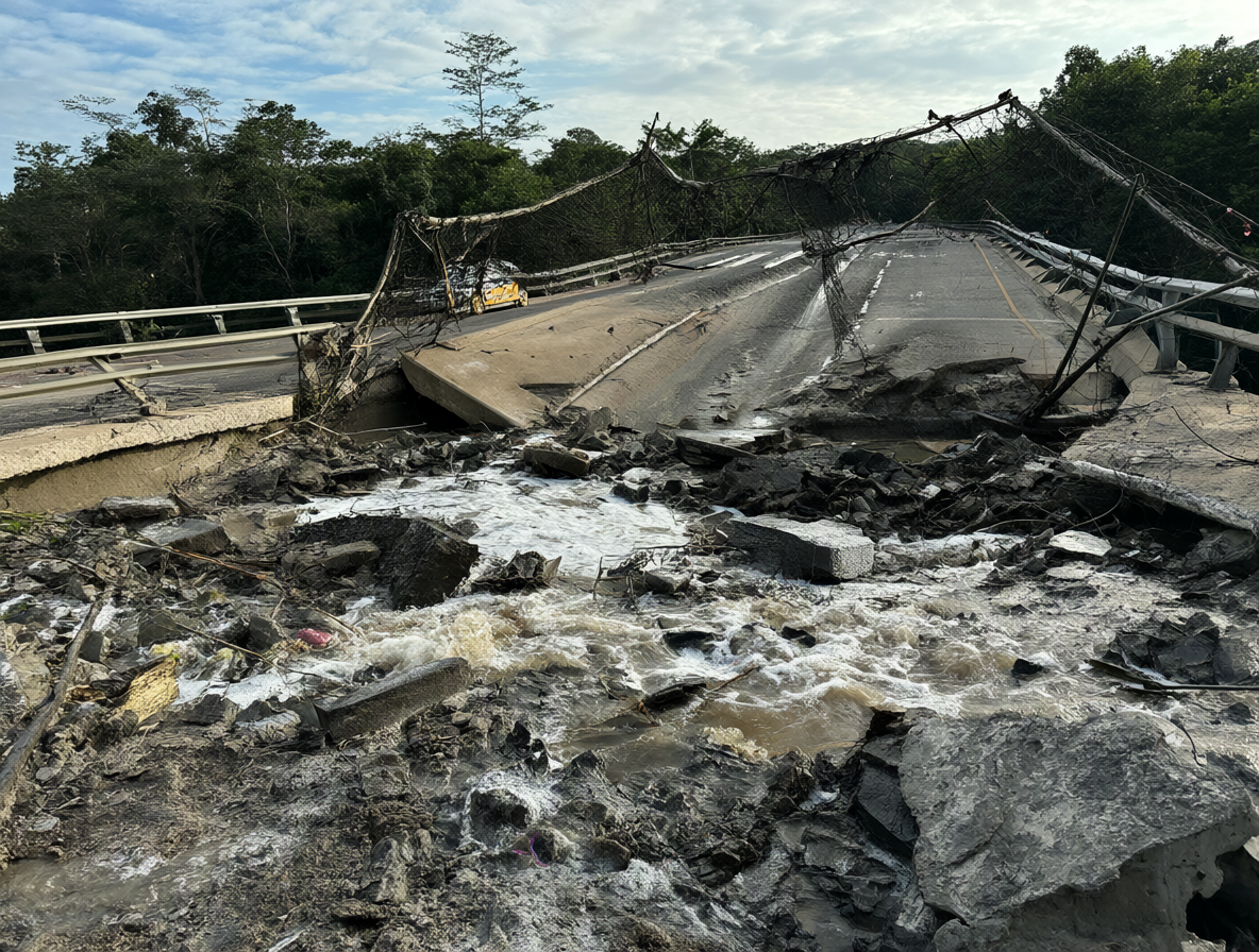 Daños a carreteras y puentes causados por inundaciones severas.