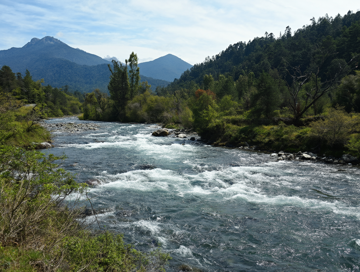 Río en La Araucanía experimentando una crecida rápida durante un evento climático extremo.