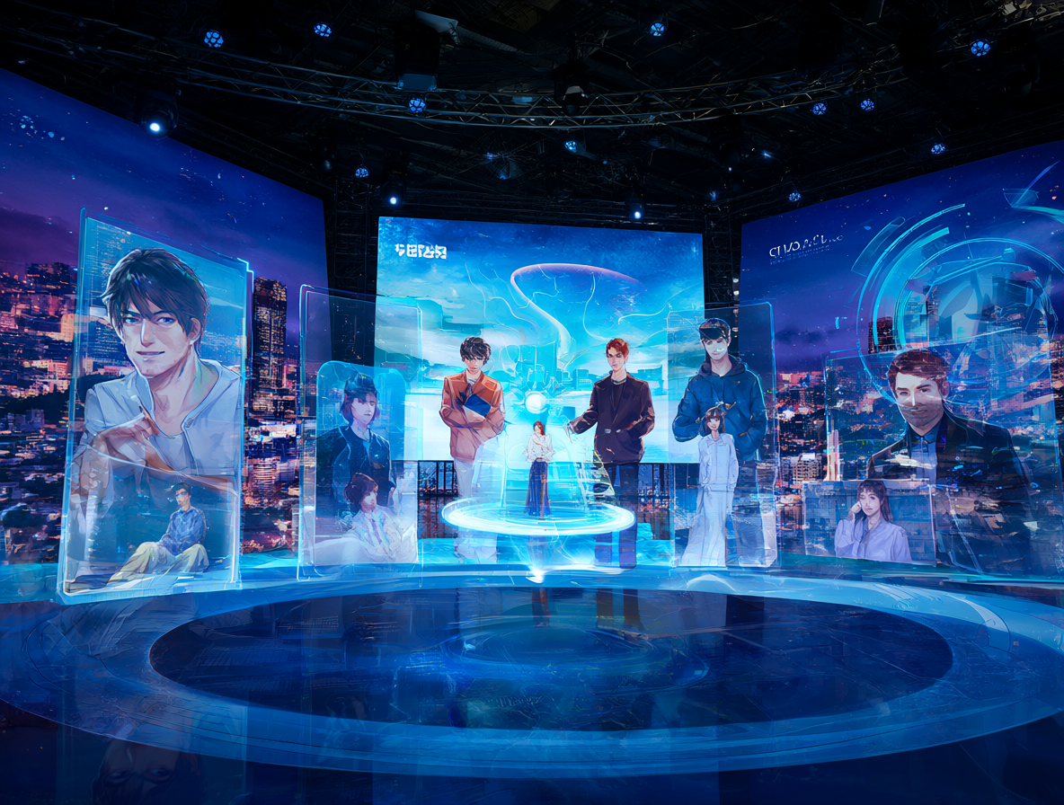 Estudio de televisión futurista con interfaces holográficas para la creación de contenido en tiempo real.
