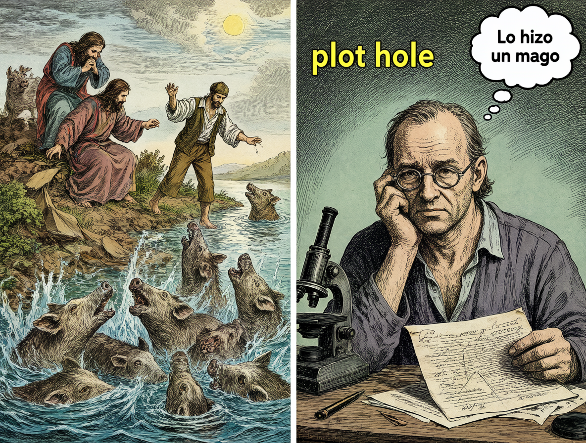 Imagen dividida mostrando la historia de Jesús con los cerdos al lado de una persona frustrada analizando un agujero en la trama, ilustrando cómo las historias usan trucos para explicar lo inexplicable.