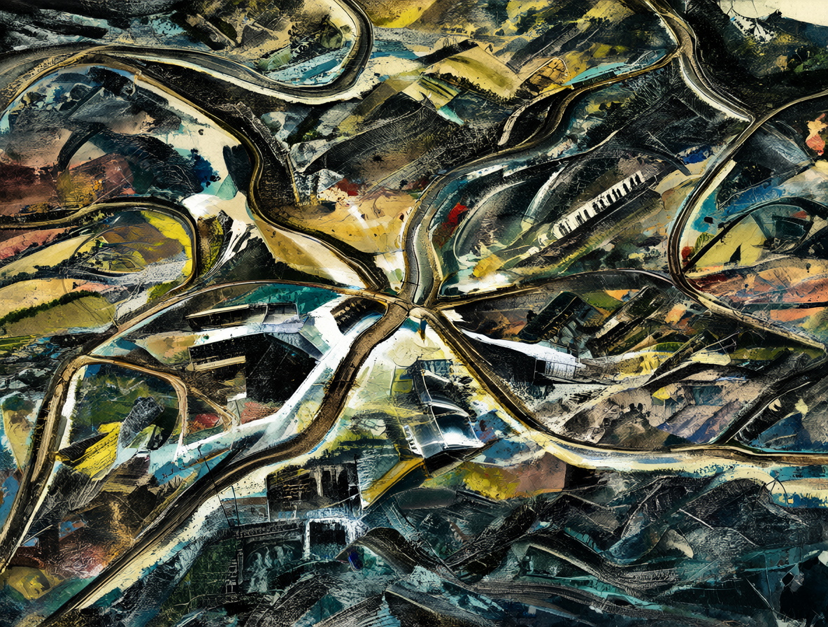 Sintetizadores y carretera fusionados en una composición abstracta que representa el sonido electrónico.