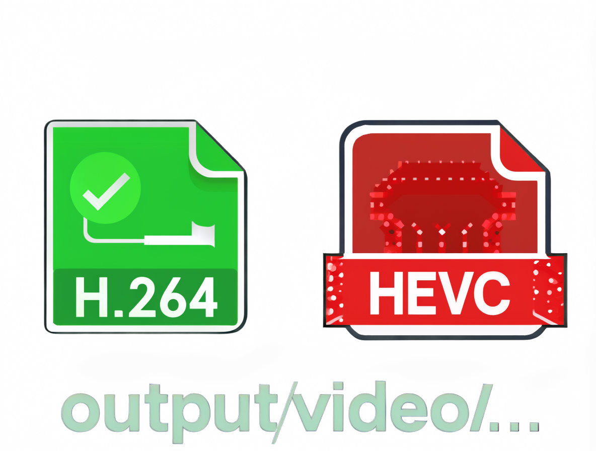 Technical diagram comparing H.264 and HEVC/HEVC codec icons next to a file path 'output/video/...'. The H.264 icon is green with a checkmark, while the HEVC icon is red.