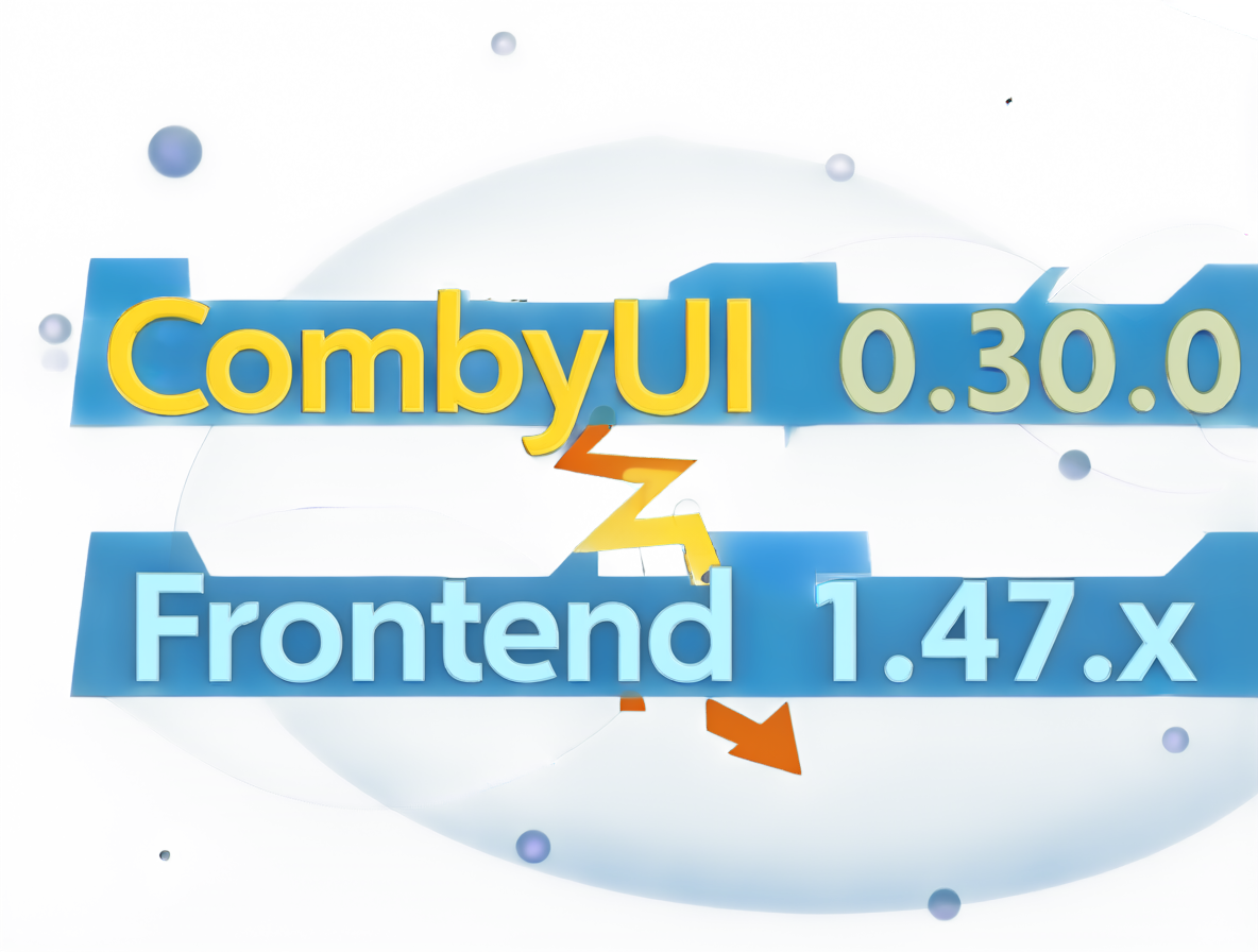 Illustration showing two overlapping software version numbers: 'ComfyUI 0.30.0' and 'Frontend 1.47.x'. An arrow points to a warning sign indicating a mismatch.