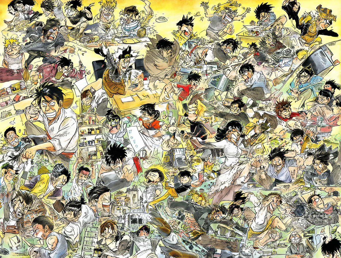 Grande ilustración de varios mangakas famosos trabajando juntos