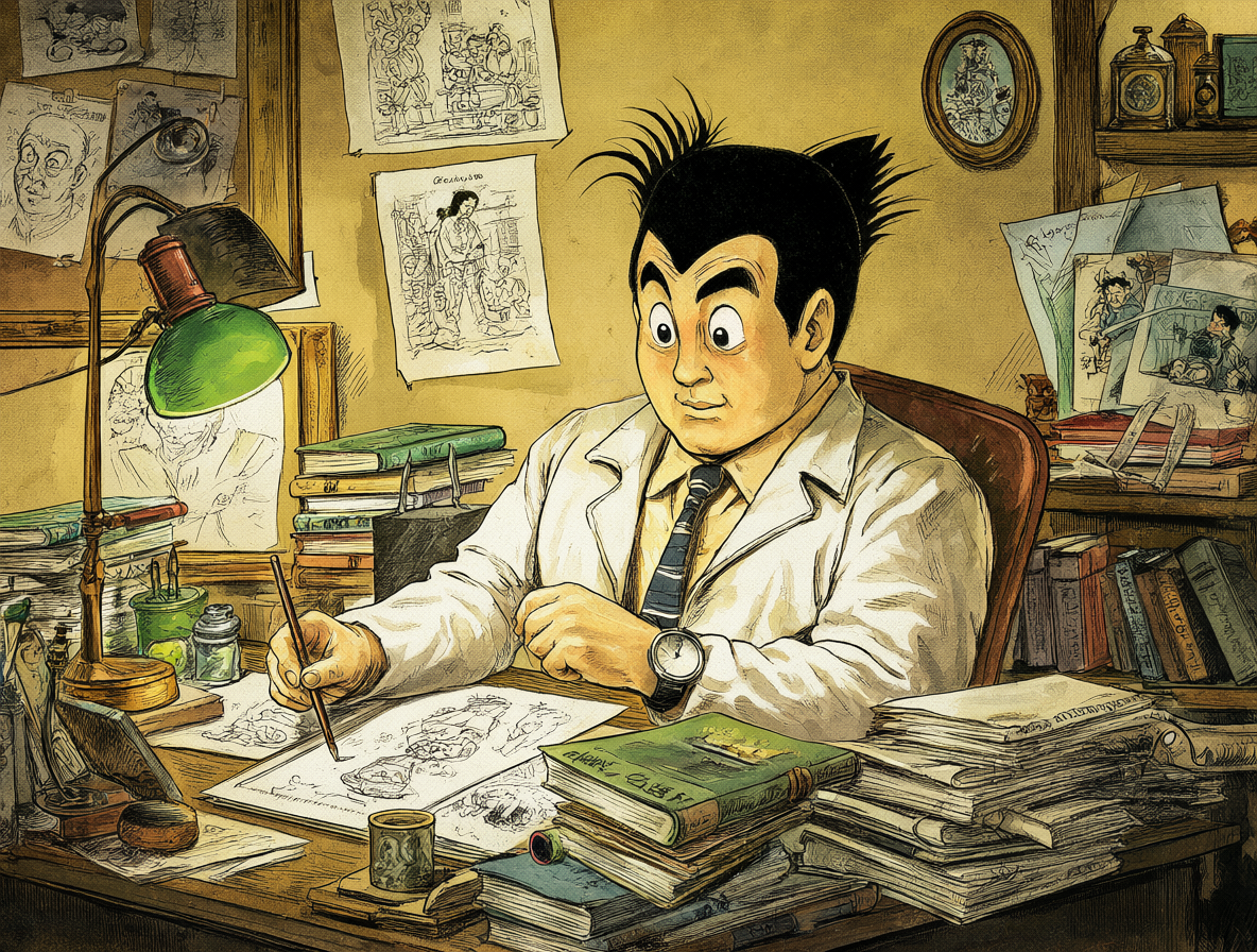 Retrato de Osamu Tezuka dibujando