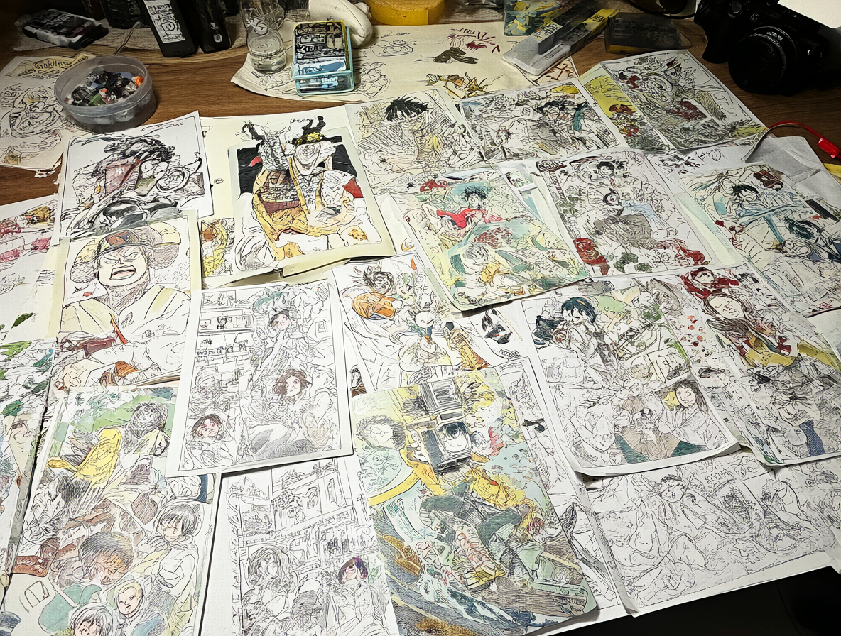 Retrato de Eiichiro Oda dibujando