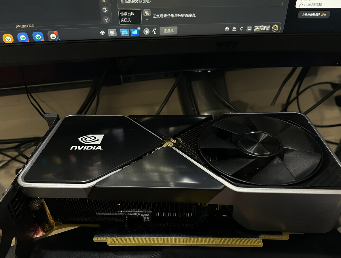 Una tarjeta gráfica NVIDIA GeForce RTX 3090 conectada a un ordenador con dos monitores, mostrando la interfaz del software ComfyUI.