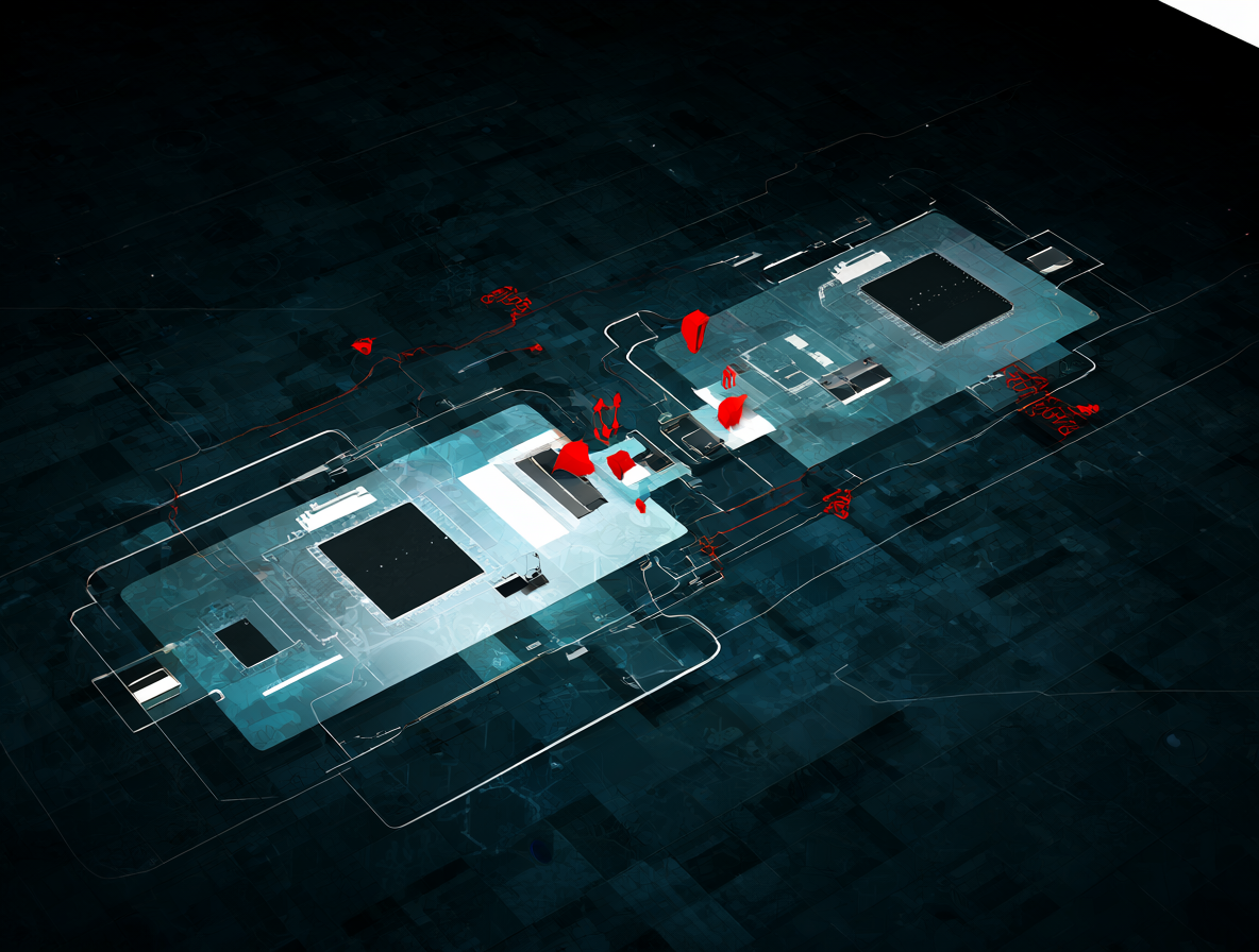 Ilustración abstracta mostrando dos bloques de software que fallan al conectarse, con símbolos de advertencia rojos indicando errores de arquitectura.