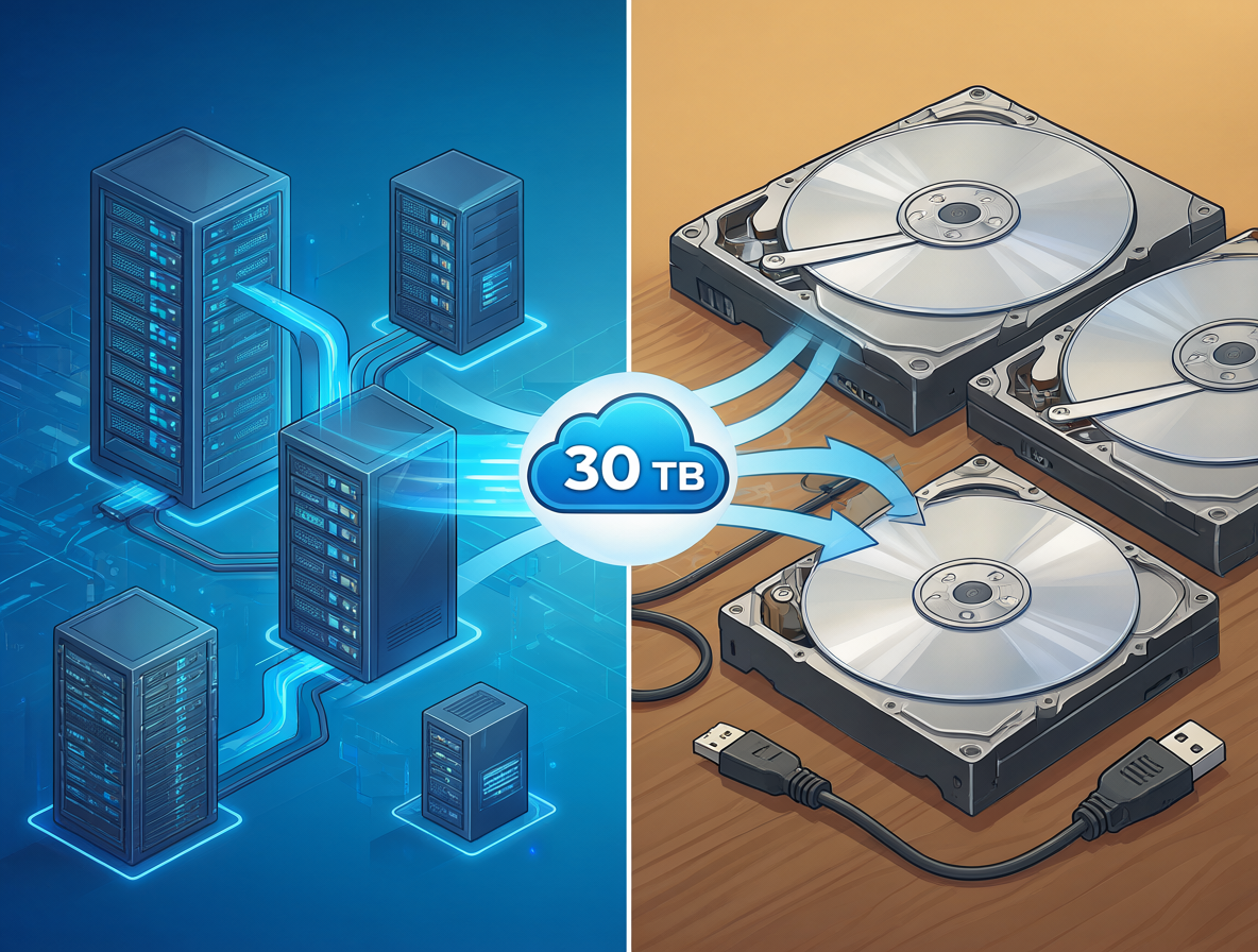 Gráfico comparativo mostrando servidores digitales frente a dos discos duros físicos con una etiqueta de 30 TB.