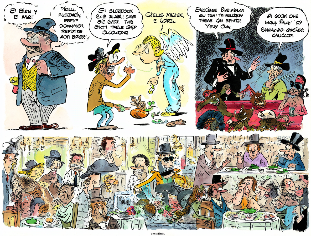 Ilustración del cómic mostrando a un grupo de personas comiendo tranquilas después de una jornada de redistribución de dinero.