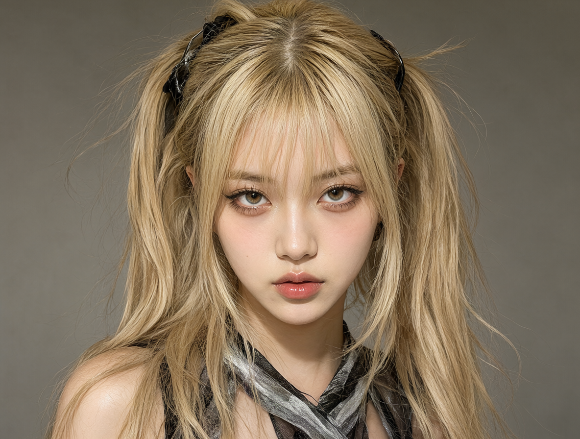 Retrato detallado de una joven gyaru con cabello rubio y estilo gyaru, mirando directamente al espectador.