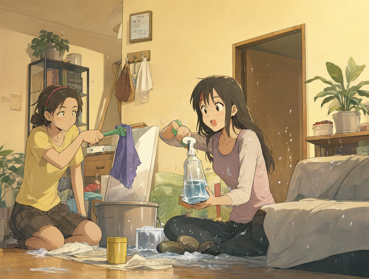 Souta guiando a Aimi mientras limpian juntas un departamento desordenado.