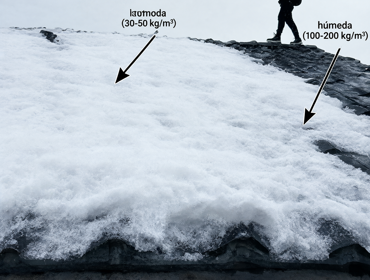 Techo cubierto de nieve con etiquetas visuales de densidad y una persona caminando en hielo negro