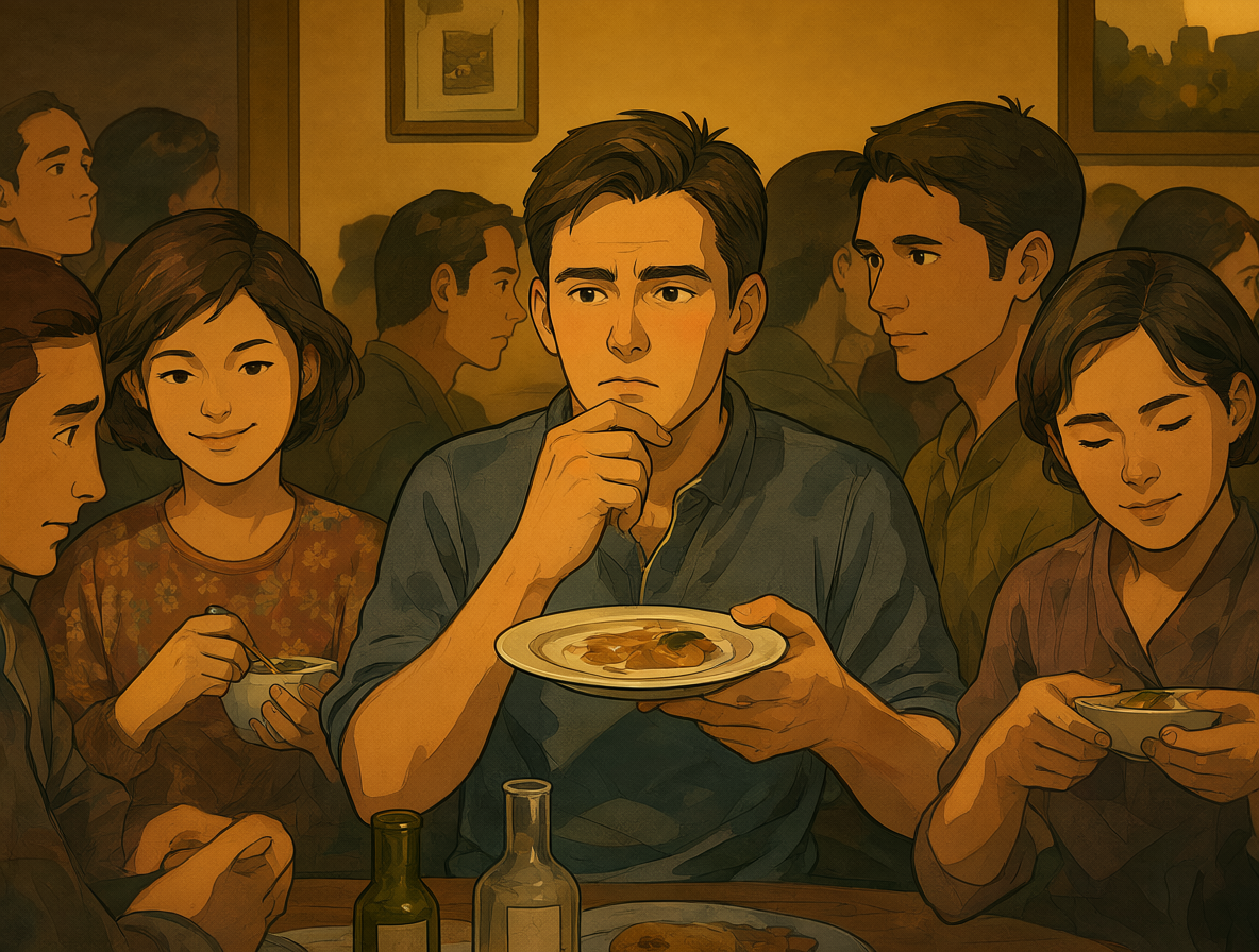 Un grupo de amigos comiendo juntos, donde uno duda qué pedir del menú.
