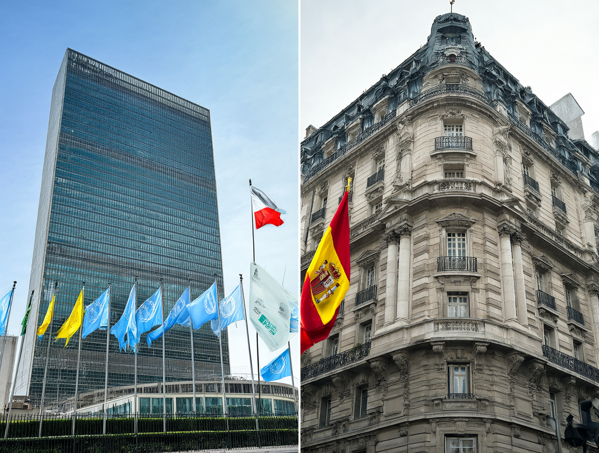 Composición dividida con sede de la ONU y embajada española