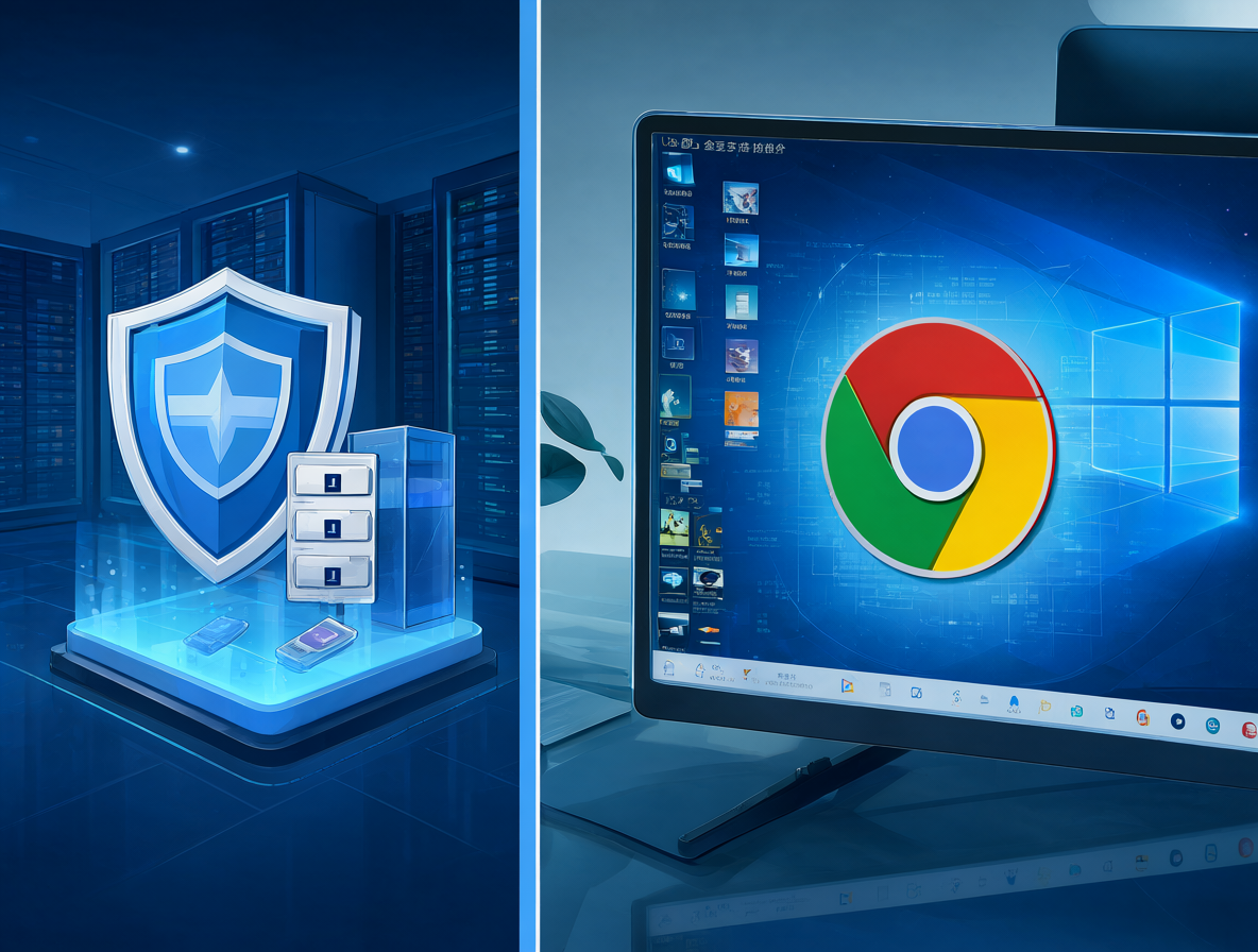 Split-screen illustration contrasting the ESU security patches on Windows 10 with the Google Chrome browser running on the desktop environment.